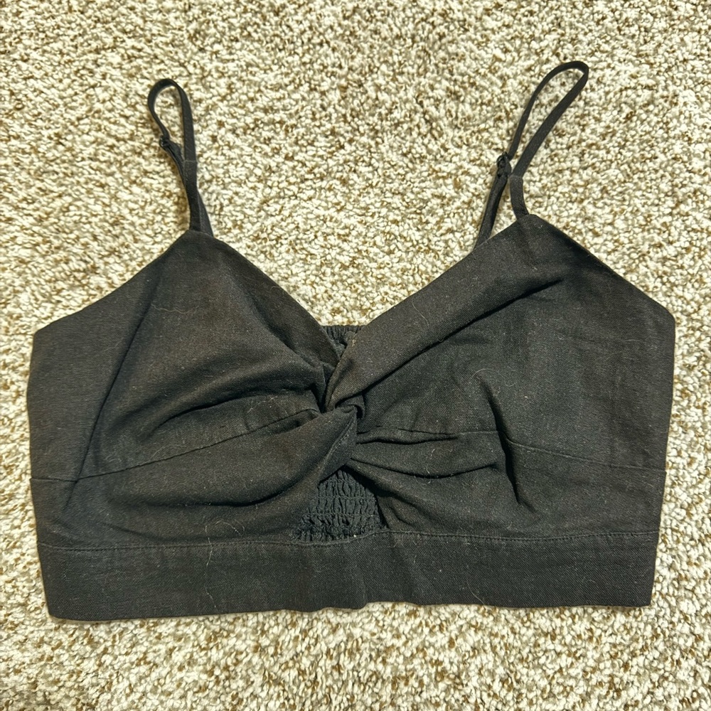 Black Twist Front Linen Cropped Top